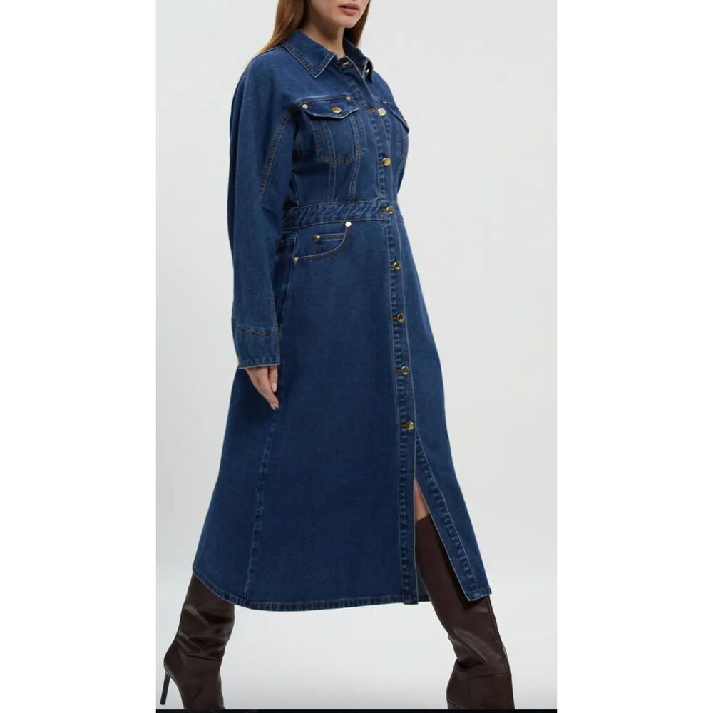~ Karen Millen Dress 2 Denim Stretch Midi Button Up Blue Maxi Boho Long Sleeve - Picture 16 of 16